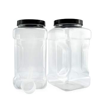 Cornucopia Brands Square Gallon Size Clear Plastic Canisters 2pk; 4qt Jar Grip Containers w/ Plastic Scoops; BPA-Free