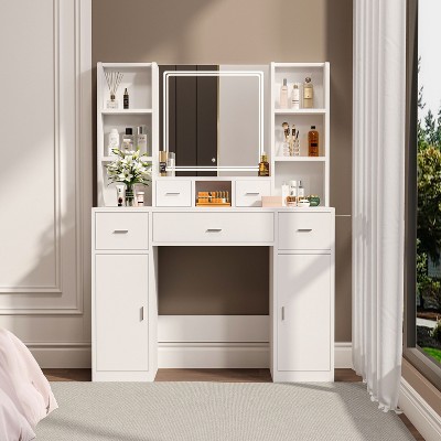 Okak Vanity Table with Lights, with Drawers and Storage Cabinet, Dressing Table with Dressing Pad for Bedroom Living Room