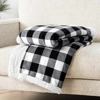 Twin Black and White Buffalo Plaid Sherpa Fleece Blanket