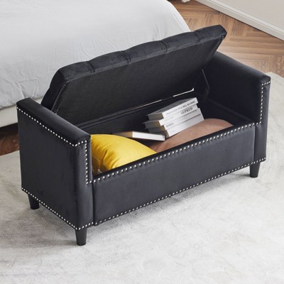 NicBex Velvet Storage Ottoman Bench,Upholstered Storage Ottoman with Armrests and Nailhead Trim,Modern Storage Bench for Living Room,Bedroom