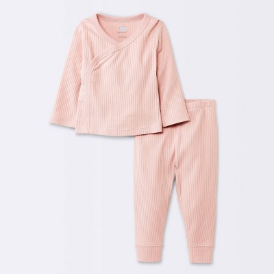 Image of Baby Girls' 2pc Wide Ribbed Side Snap Top & Bottom Set - Cloud Island™ Pink Newborn