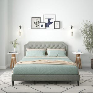 Glenwillow Home Curta Upholstered Platform Bed, Clipped Nailhead Trim with Button Tufting, Mattress Foundation, No Box Spring, Stone, California King - 1 of 4