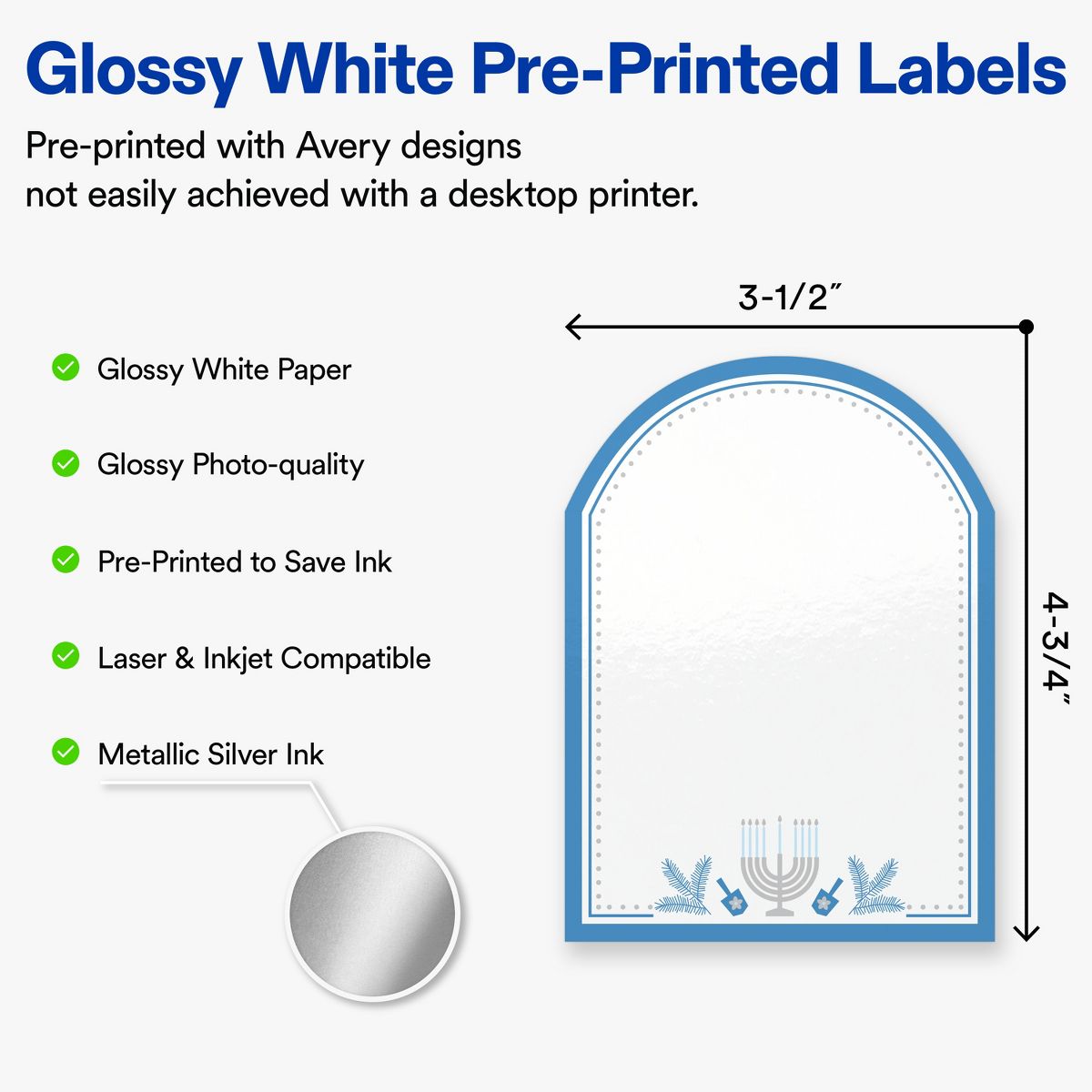 Avery® Labels, 4.75" x 3.5", Glossy, Silver Menorah Frame, 40 - thumbnail 2