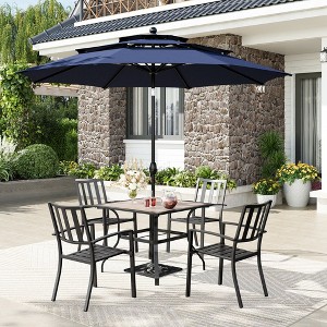 Captiva Designs 6pc Patio Square Table with Steel Frame & Stackable Fixed Chairs & 10ft 3 Tier Auto-tilt Umbrella - 1 of 4