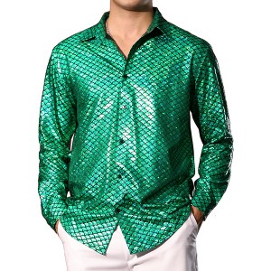 Lars Amadeus Men's Long Sleeves Party Nightclub Patterned Shiny Metallic Shirts - 1 of 4