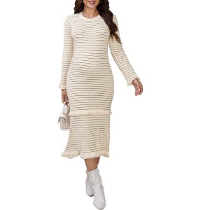INSPIRE CHIC Women's Maternity Sweater Dress Stripped Ruffle Winter Warm Stretchy Knit Long Sleeve Maxi Dresses - 1 of 4
