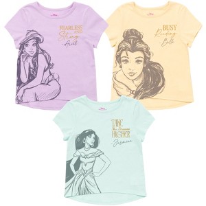 Disney Princess Ariel Cinderella Tiana Moana Jasmine Belle Girls 3 Pack T-Shirts Toddler to Big Kid - 1 of 4