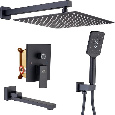 Matte Black 12" Wall Mount Square Shower System with Handheld Spray