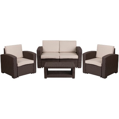 Flash Furniture 4 Piece Outdoor Faux Rattan Chair, Loveseat and Table Set in Chocolate Brown