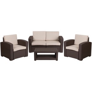 Flash Furniture 4 Piece Outdoor Faux Rattan Chair, Loveseat and Table Set in Chocolate Brown - 1 of 4