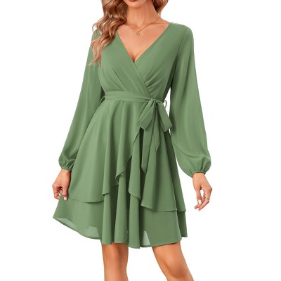 Elegant Dress for Lady Wrap Deep V Neck Dress Long Lantern Sleeve Waist Tie Skater Dress