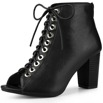 Perphy Women's Peep Toe Lace Up Chunky Heel Ankle Boots