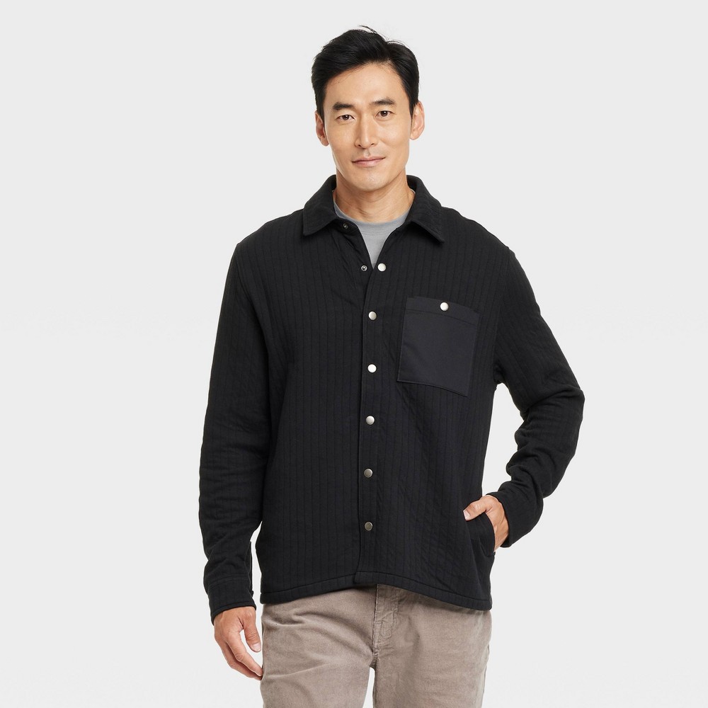 Men's Quilted Knit Shirt Jacket - Goodfellow & Co™ Black S: Heavyweight Cotton Blend, Long Sleeve, Button Down