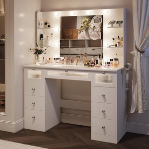 Petrimins 9 Drawers Makeup Vanity Desk with 36.9" Oversized Mirror and Lights, Vanity with Tempered Glass Top, Girls Make up Dressing Table - 1 of 4