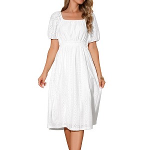 INSPIRE CHIC Women's Eyelet Square Neck Short Puff Sleeve Casual A Line Summer Midi Dress - 1 of 4