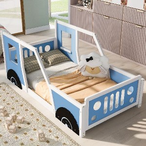 CAVINAS Kids Classic Car-Shaped Platform Bed Frame, Pine Wood Twin Size Bed Frame with Decorative Wheels, Toddler Bed, Slatted Rail Supports - 1 of 4