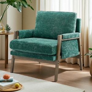 Velvet Mid-Century Accent Armchair with Padded Armrests and Rubberwood Frame - 1 of 4