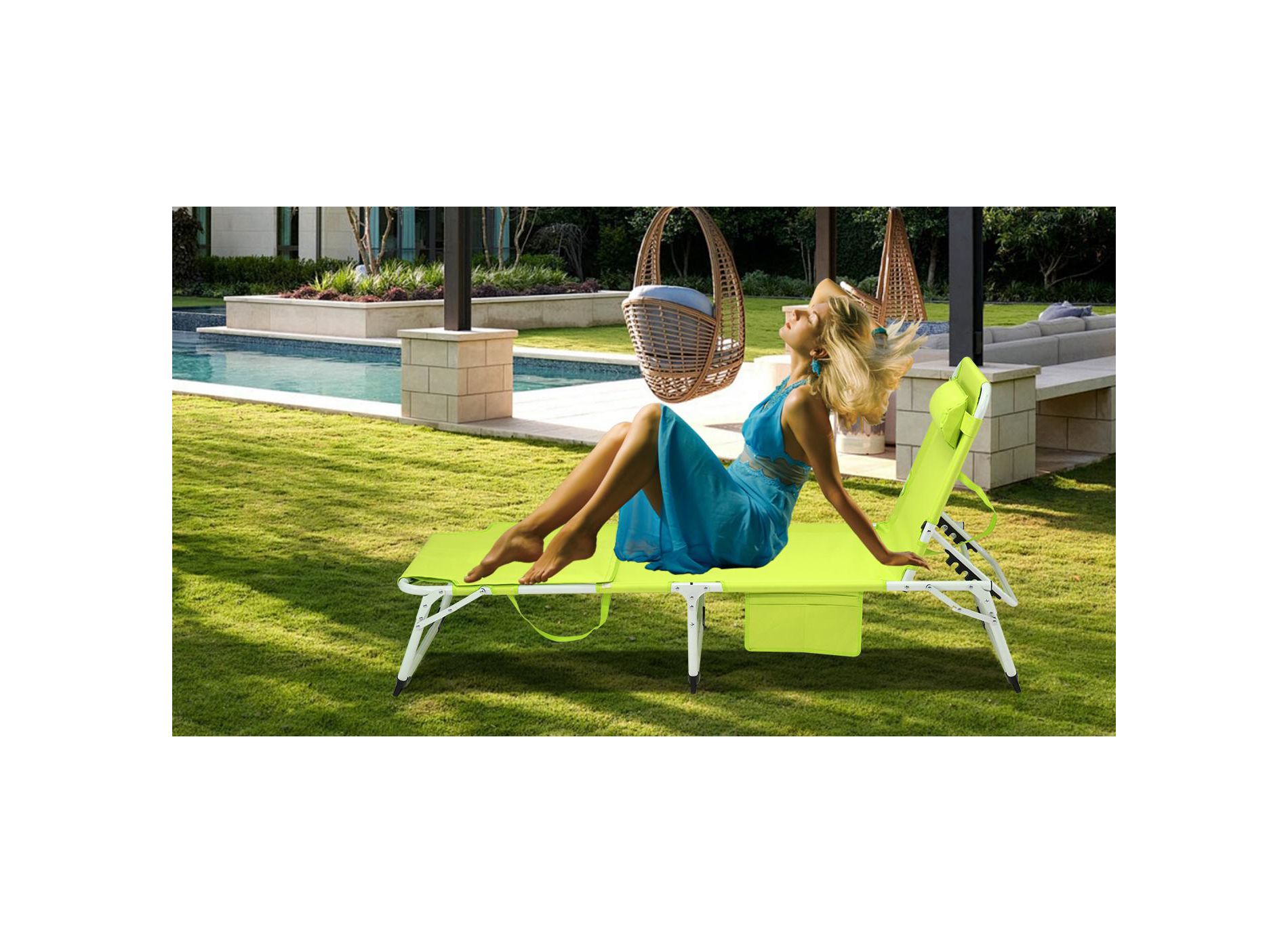 3-in-1 heavy-duty sun lounger with face mask, 5-position adjustable folding recliner, suitable for outdoor portable flat beach loungers Green