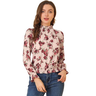 INSPIRE CHIC Women's Smocked Waist Ruffled Hem Stand Collar Floral Dots Blouse