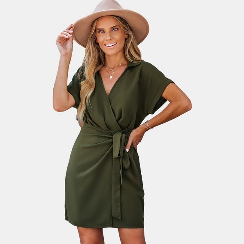 Women's Belted Short Sleeve Wrap Dress - Cupshe-S-Green