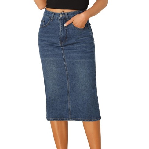 Allegra K Women's Casual High Waist Stretchy Midi Jean Skirt Blue Small