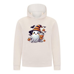 Everyday Kids Halloween Pullover Hoodie – Cute Ghost with Witch Hat and Pumpkin Drink – Cozy Fall Sweatshirt for Girls, Off-White - 1 of 3