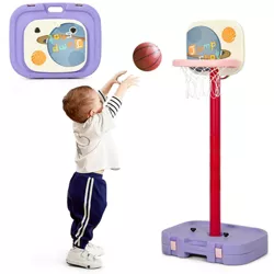 Costway Portable 2 in 1 Kids Basketball Hoop Stand w/Ring Toss & Storage Box Purple