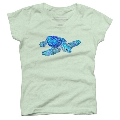 Girl's Design By Humans Blue And Green Watercolor Sea Turtle By Maryedenoa T-Shirt