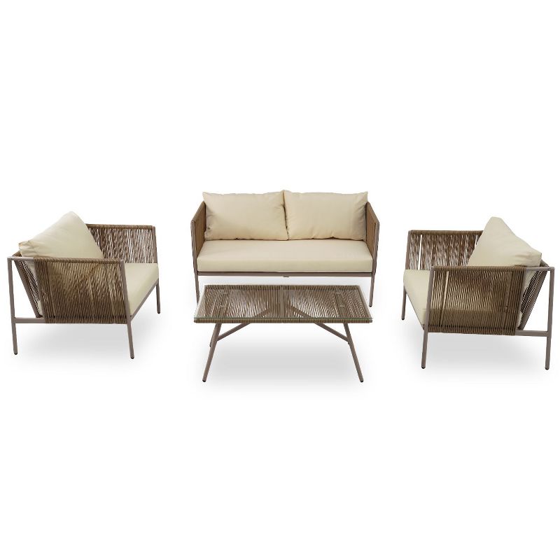 4-piece All-Weather Woven Rope Patio Conversation Set, Sofa Set with Thick Cushions and Toughened Glass Table - Maison Boucle, 2 of 9