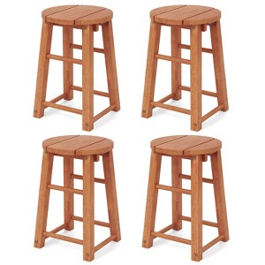 Tangkula Outdoor Wood Bar Stools Set of 4 w/Round Seat Footrest Patio Backless Barstools - 1 of 4