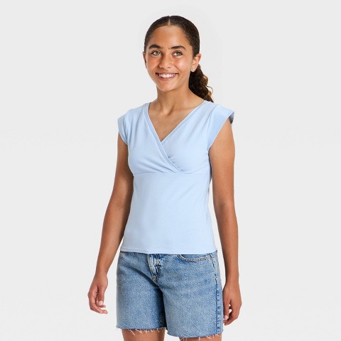 Art Class Girls' Surplice Short Sleeve Knit Top - art class™ Light Blue S