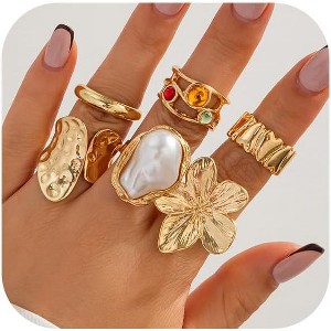 Chunky Flower Knuckle Ring Set | Gold Plated Pearl & Crystal Statement Jewelry | Stackable Bold Rings for Women - 1 of 4