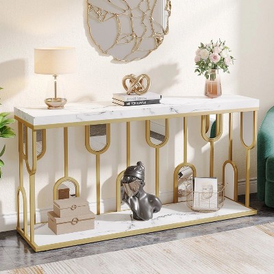 White and Gold Faux Marble 55" Console Table with Storage Shelves