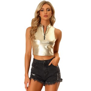 Allegra K Women's Metallic Mock Neck Zip-Up Shiny Holographic Crop Tank Top - 1 of 4