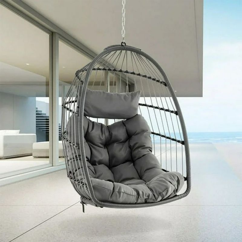 SKONYON Outdoor Foldable Wicker Swing Egg Chair with Cushion Dark Gray, Without Stand, 2 of 7