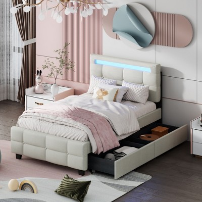 Twin/Full/Queen Size Linen Fabric Upholstered Platform Bed with LED Light and 2/4 Drawers - ModernLuxe