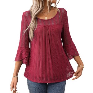 Women's 3/4 Sleeve Tops Sparkly Dressy Casual Double Layers Mesh Shirt Business Work Blouses Office Tunic Tops - 1 of 4