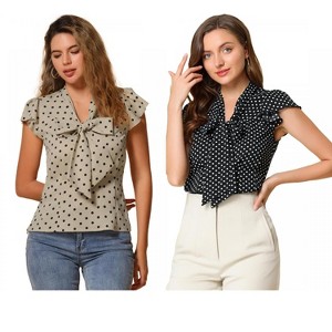 INSPIRE CHIC Women's Polka Dots Tie V Neck Flutter Cap Sleeve Blouse 2 Packs - 1 of 4