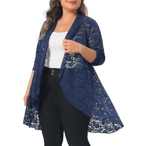 Women's Plus Size Floral Crochet Sheer Lace Cover Up Open Front Long Sleeve Casual Lightweight Cardigans - Agnes Orinda - 1 of 4