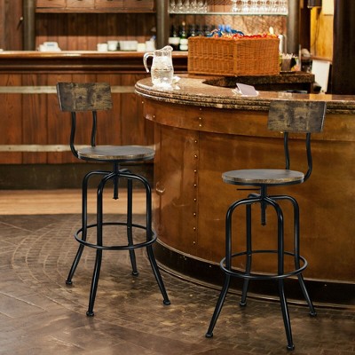 Industrial Adjustable Swivel Bar Stools Set of 2 in Rustic Brown Wood and Black Metal