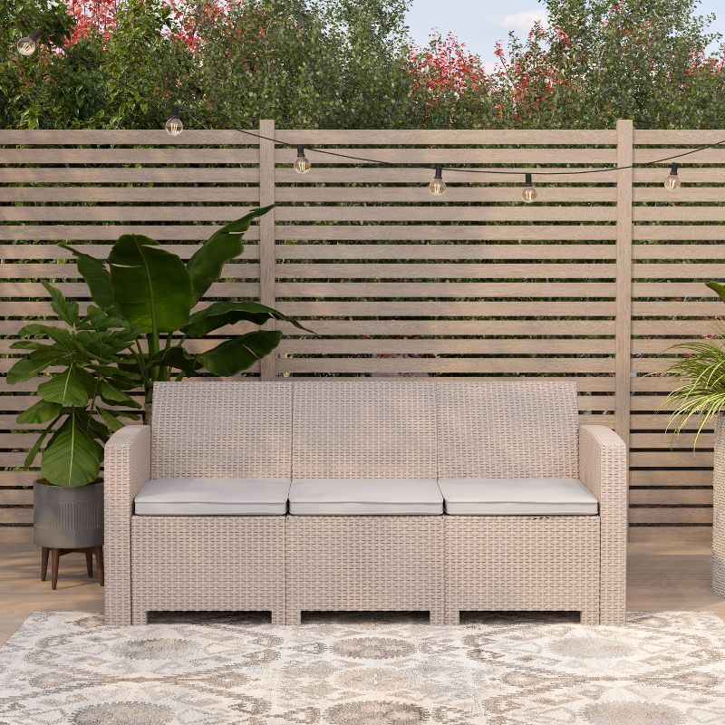 Merrick Lane Outdoor Furniture Resin Sofa Faux Rattan Wicker Pattern Patio 3-Seat Sofa With All-Weather Cushions, 3 of 17
