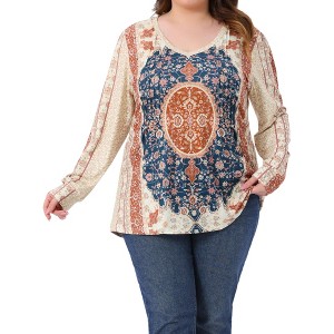 Agnes Orinda Women's Plus Size Boho Paisley Print Pleated V neck Long Sleeve Casual Tunic Blouse - 1 of 4