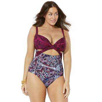 Swimsuits For All Women's Plus Size Macrame Underwire One Piece Swimsuit 10  Purple Pink 