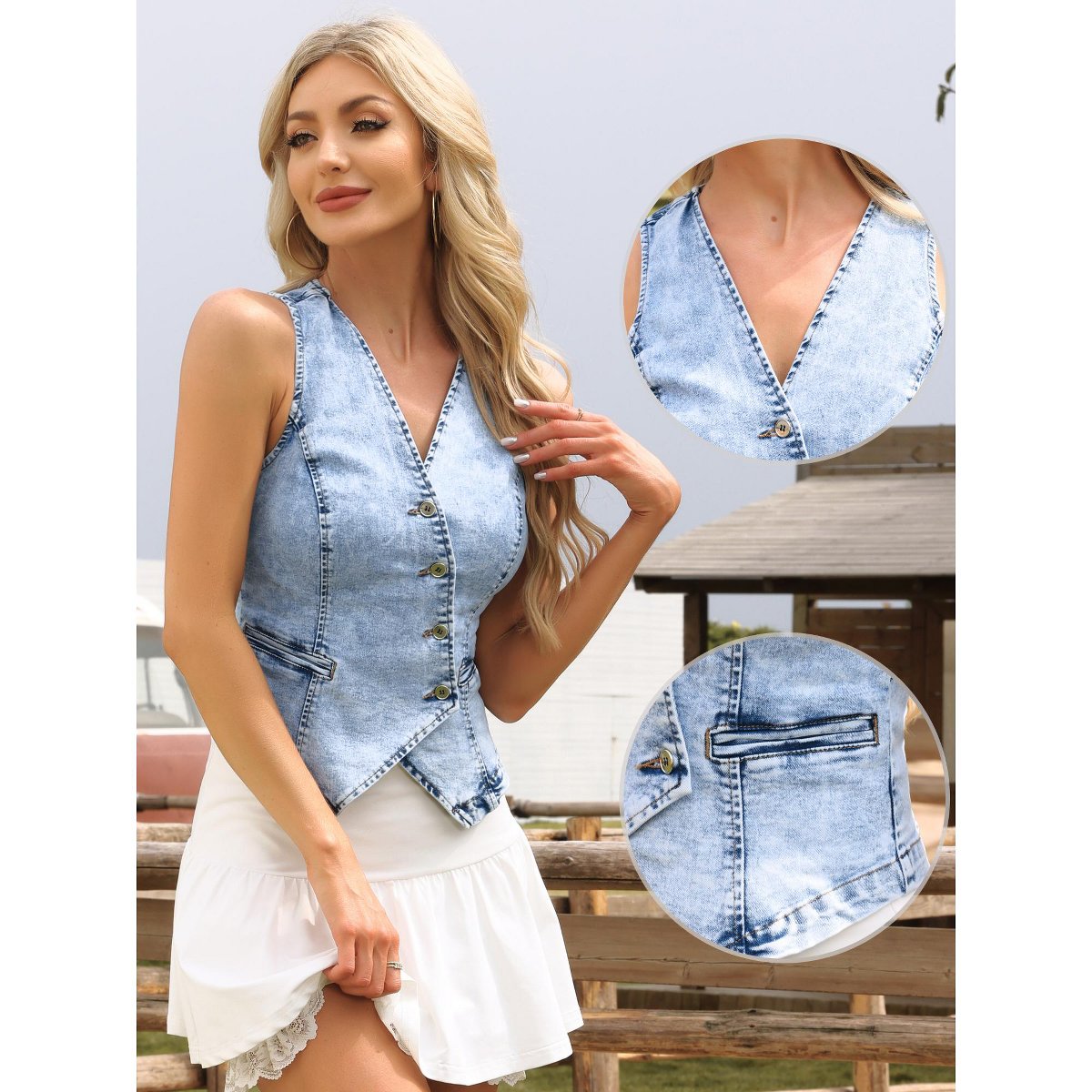 Женские джинсы INSPIRE CHIC Women's Demin Sleeveless V Neck Western Asymmetrical Hem Cropped Jean Waistcoat Small Light Blue — фото 2