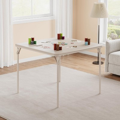 37.7-inch Portable Square Folding Card Table, Beige Metal Folding Table with PU Soft Cushion Suitable for Living Room, Office, Camping