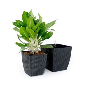 Okak 2 Pack Self-Watering Planter 12.6/10.3 Inch Cube Weather-Resistant Wicker Finish Pot for Patio, Garden, Indoor Plants - 1 of 4