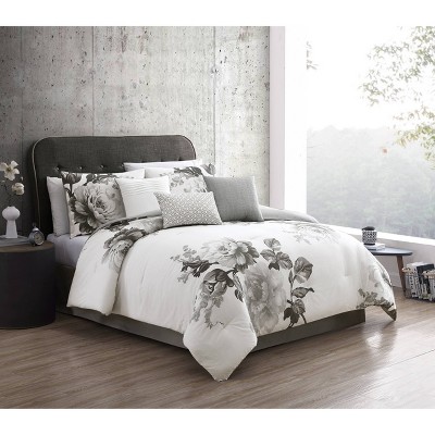 Ridgely Black and Gray Floral Cotton 7-Piece King Comforter Set