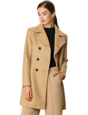 Allegra K Women's Double Breasted Notched Lapel Long Winter Coats Camel ...