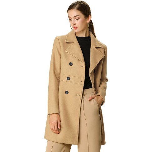 Allegra K Women's Double Breasted Notched Lapel Long Winter Coats Camel ...