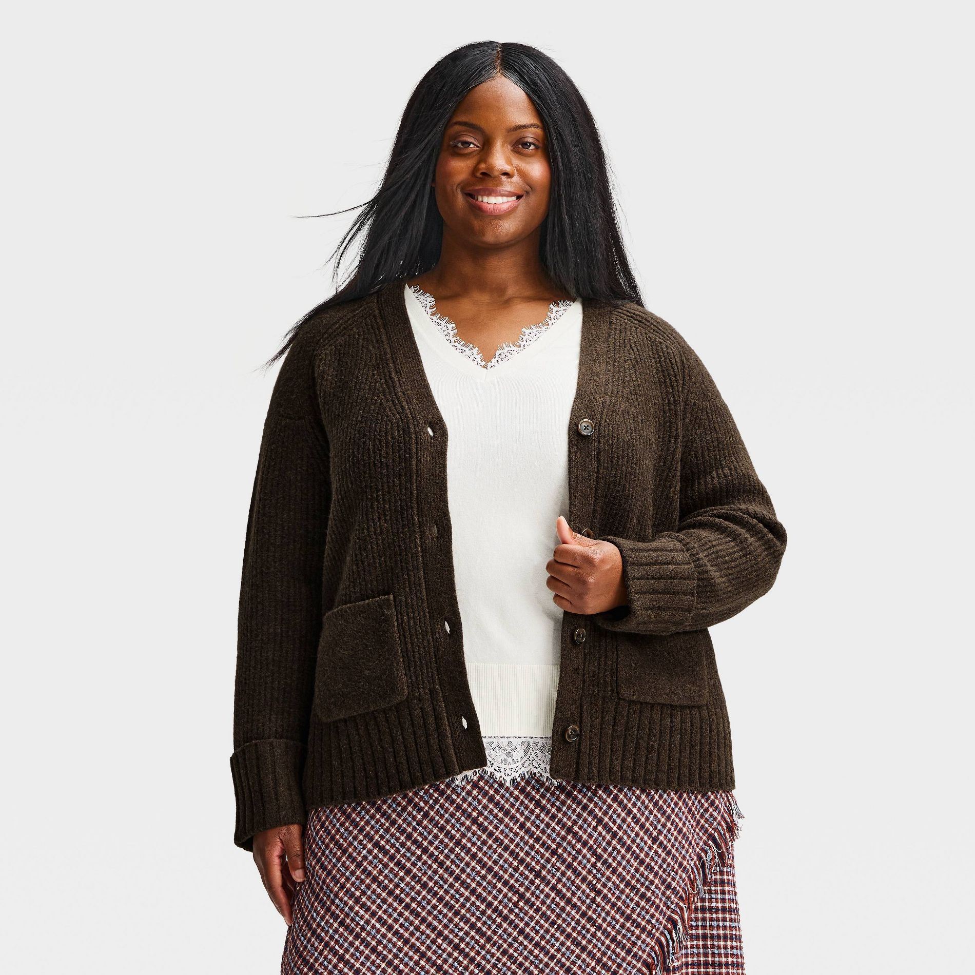 Women's Plus Long Sleeve V-Neck Cardigan Sweaters - Ava & Viv™